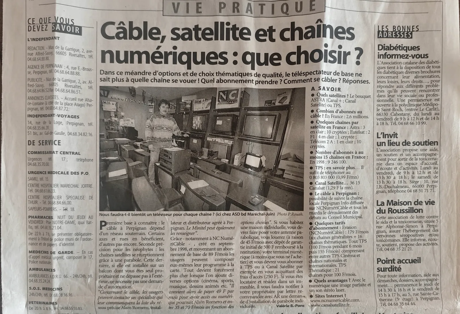 Page complète « Vie Pratique » de L'Indépendant du 3 février 2000 citant l'atelier ASD Electronique de Perpignan