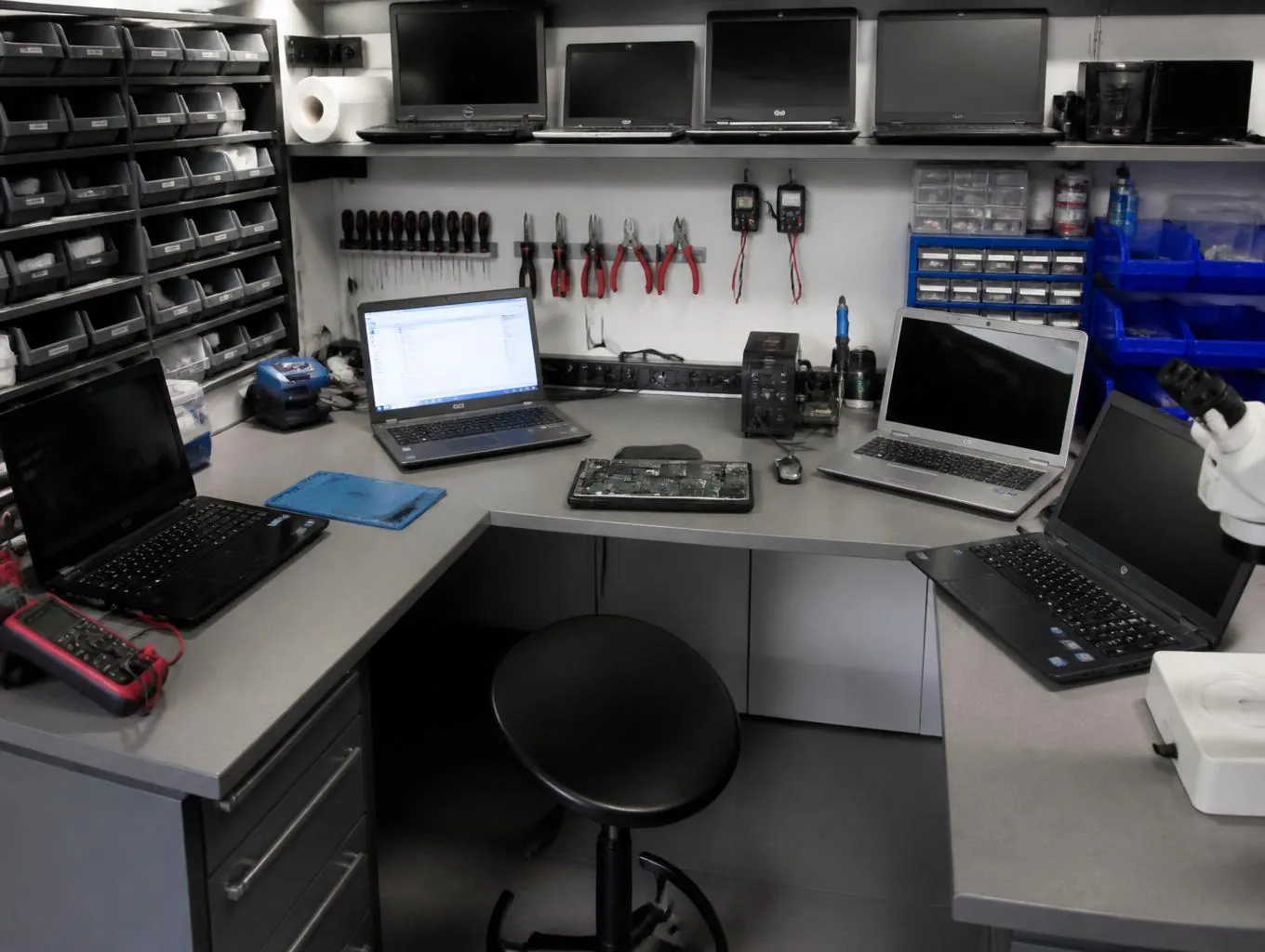 Poste de maintenance informatique et pièces détachées dans l'atelier ASD Electronique à Perpignan