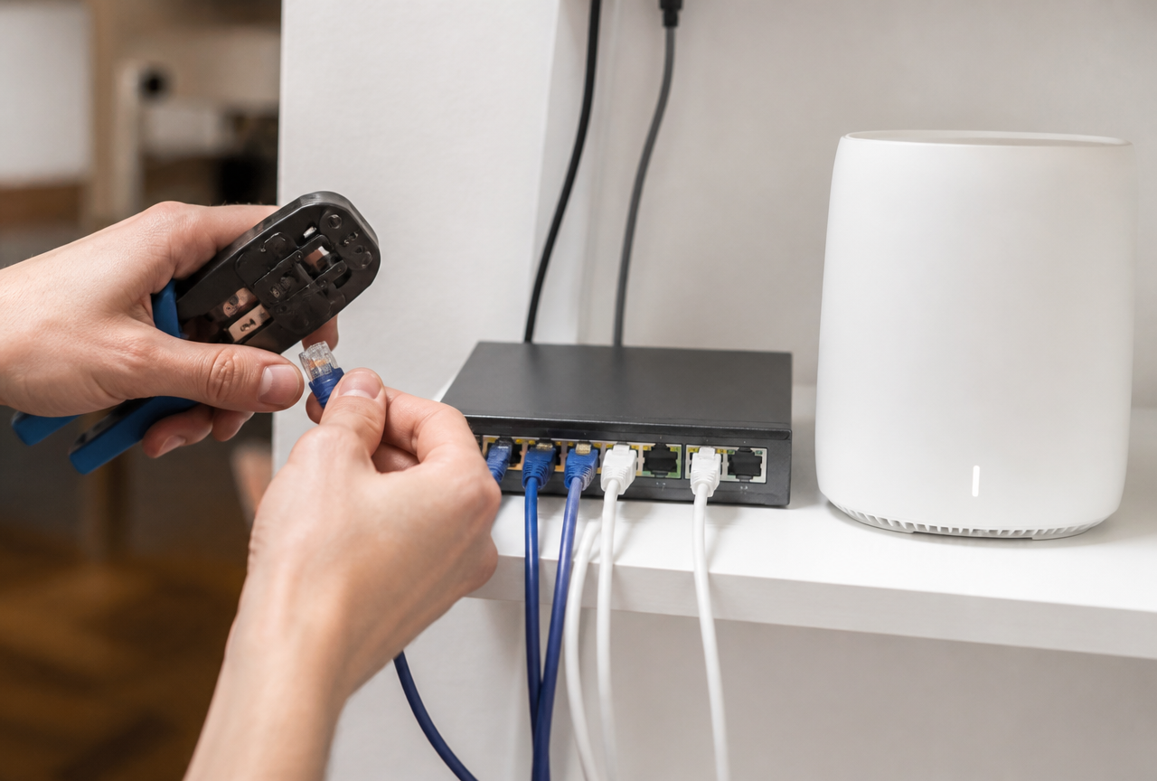 Câblage réseau RJ45 et pose d'un répéteur WiFi lors d'une installation de box à Perpignan