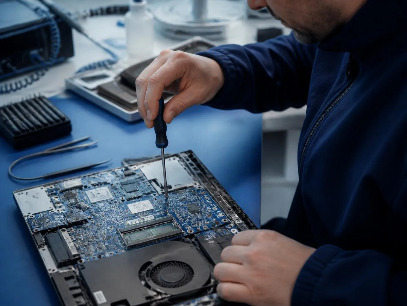 Technicien ASD Electronique réparant la carte mère d'un ordinateur portable à Perpignan