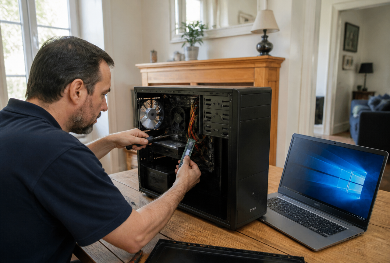Technicien ASD Electronique réparant un PC de bureau Windows à domicile à Perpignan