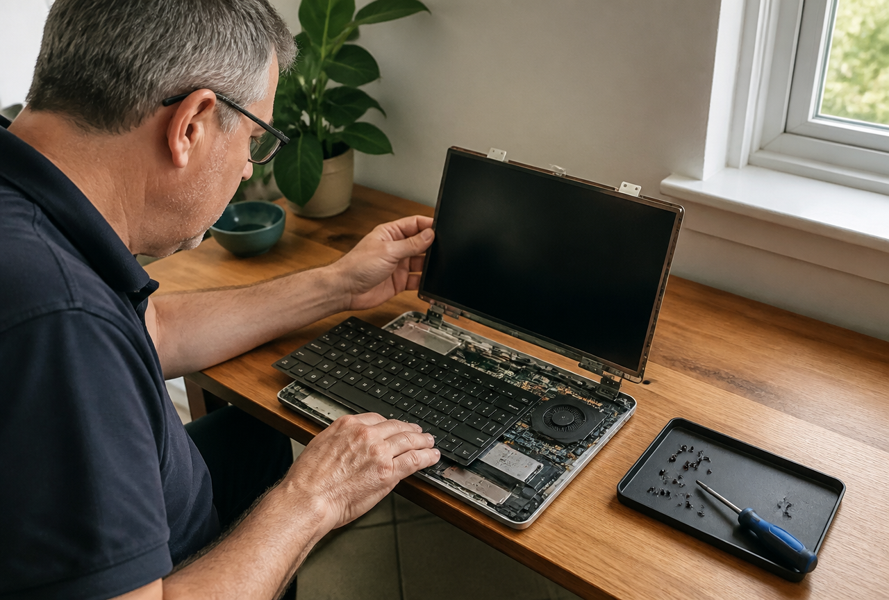 Remplacement de l'écran et du clavier d'un PC portable lors d'un dépannage informatique à domicile à Perpignan