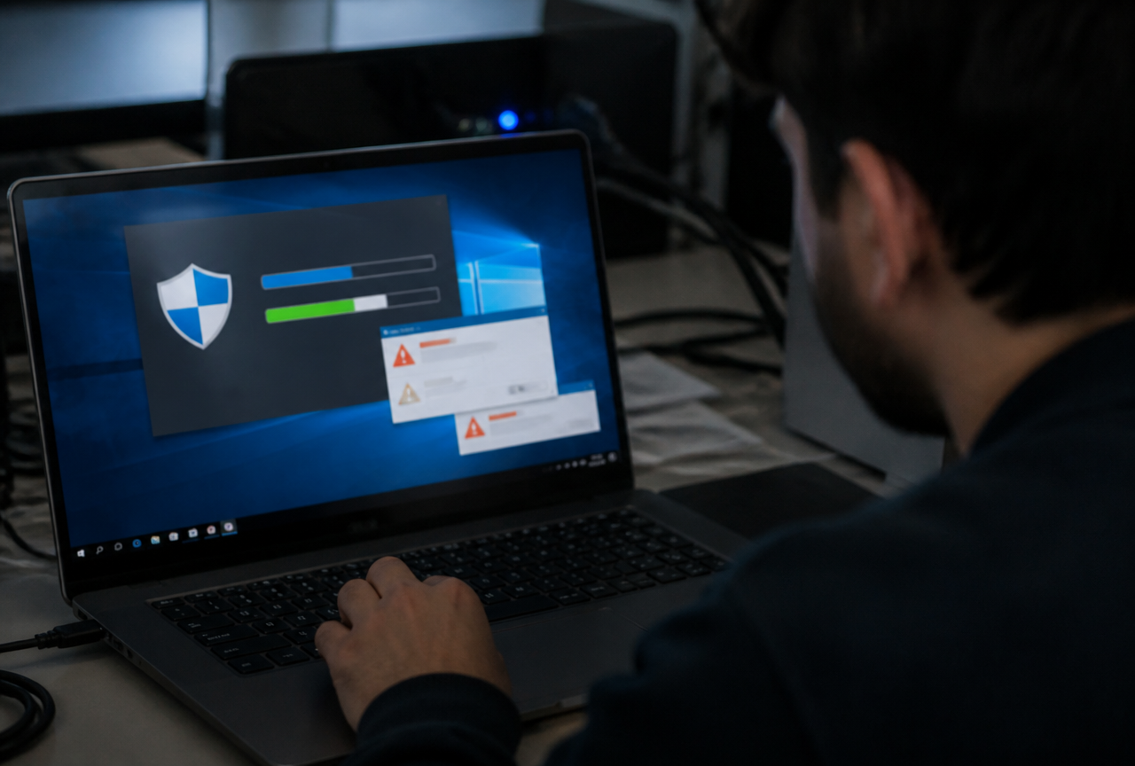Analyse antivirus d'un ordinateur Windows lors d'un dépannage virus et malware à Perpignan