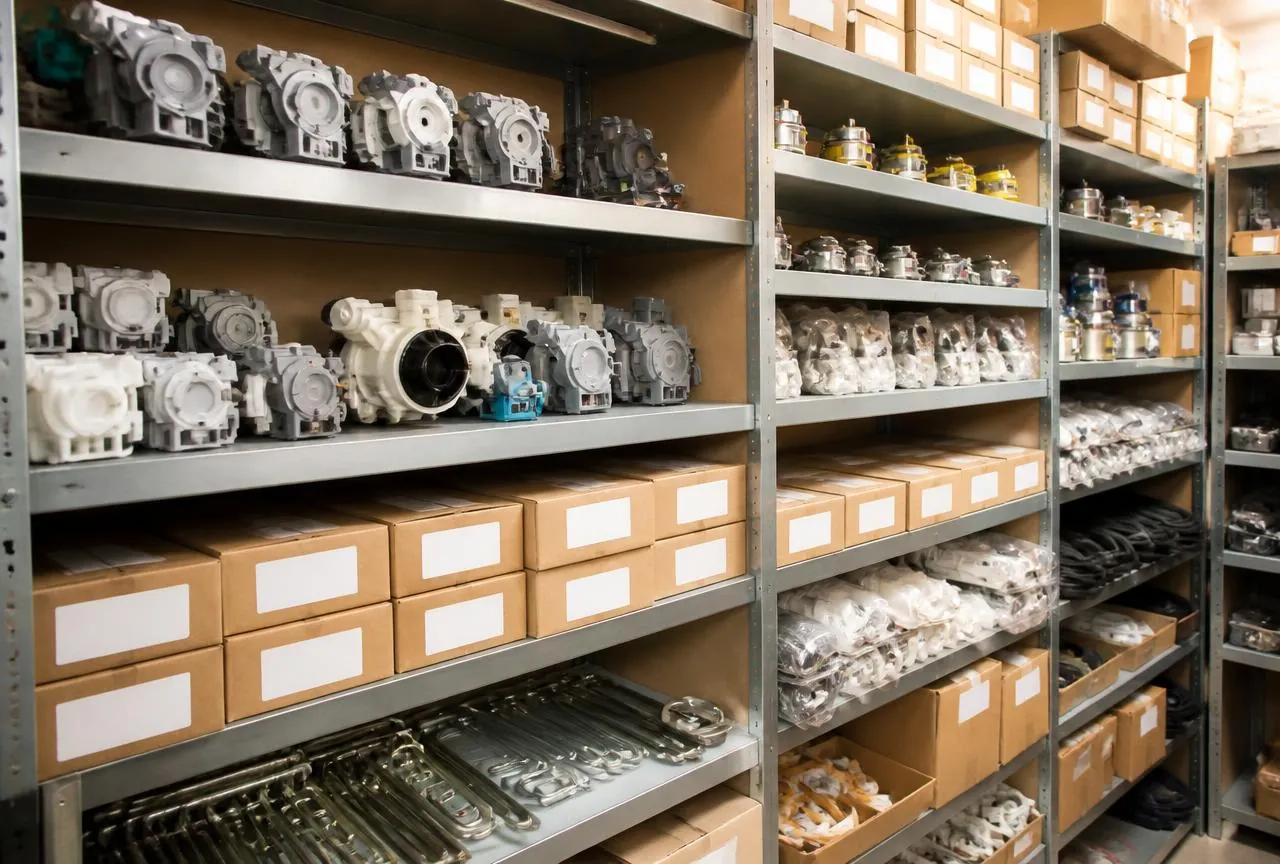 Stock de pièces détachées électroménager du magasin ASD Electronique à Perpignan : pompes, moteurs, résistances et cartes électroniques