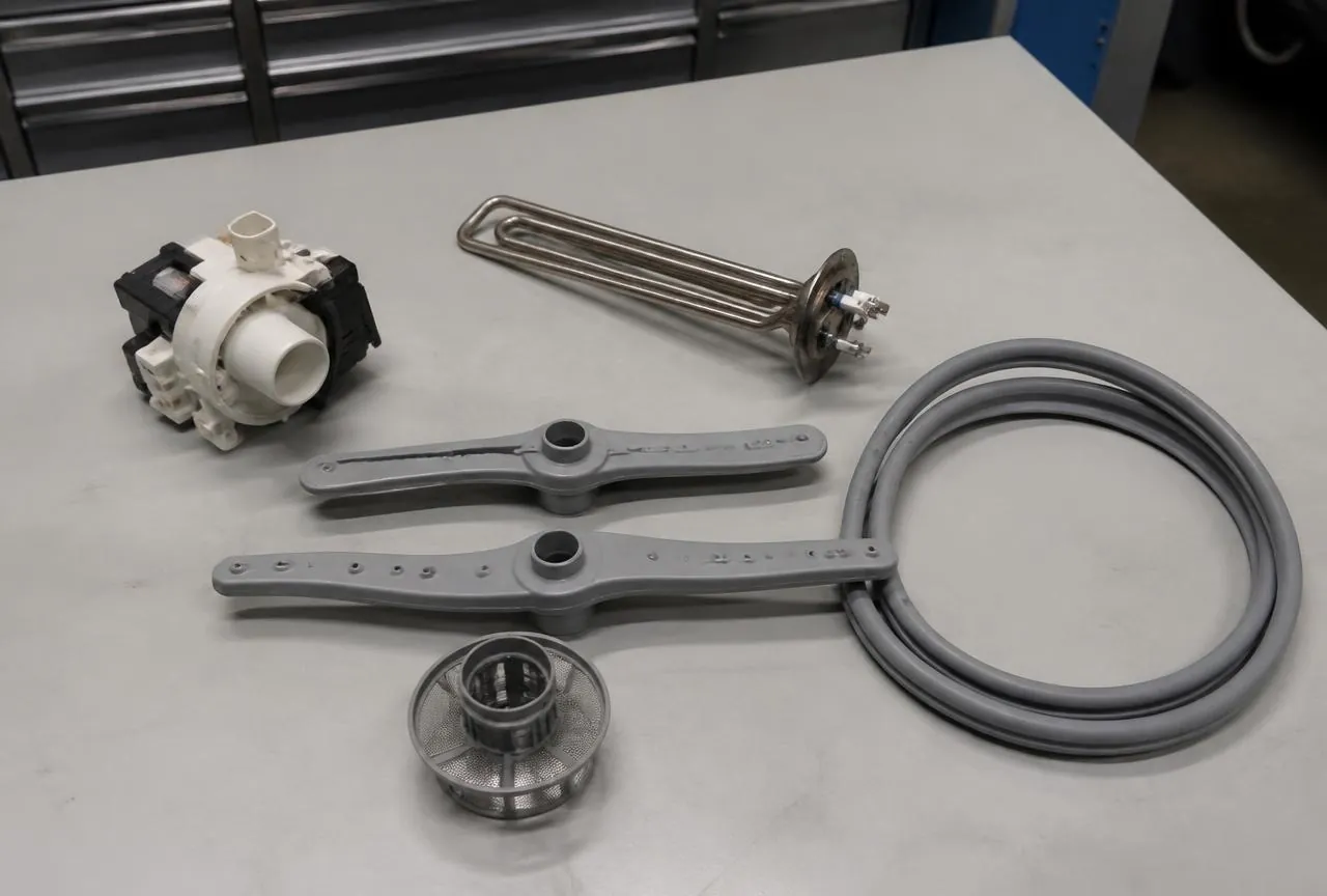Pièces détachées de lave-vaisselle : pompe de vidange, résistance de chauffe, bras d'aspersion, filtre et joint de porte